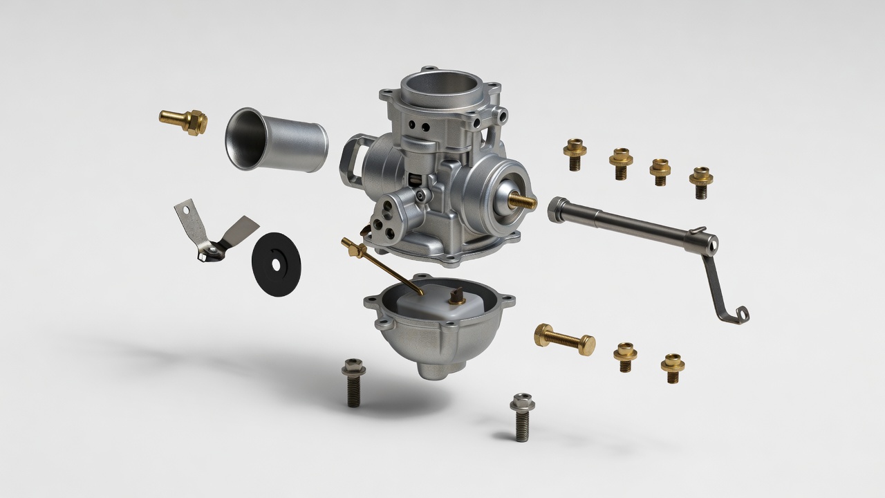 What Does a Lawn Mower Carburetor Look Like? (Visual Guide & Key Features) Exploded view diagram of lawn mower carburetor components including body, float bowl, fuel inlet, throttle plate, and adjustment screws