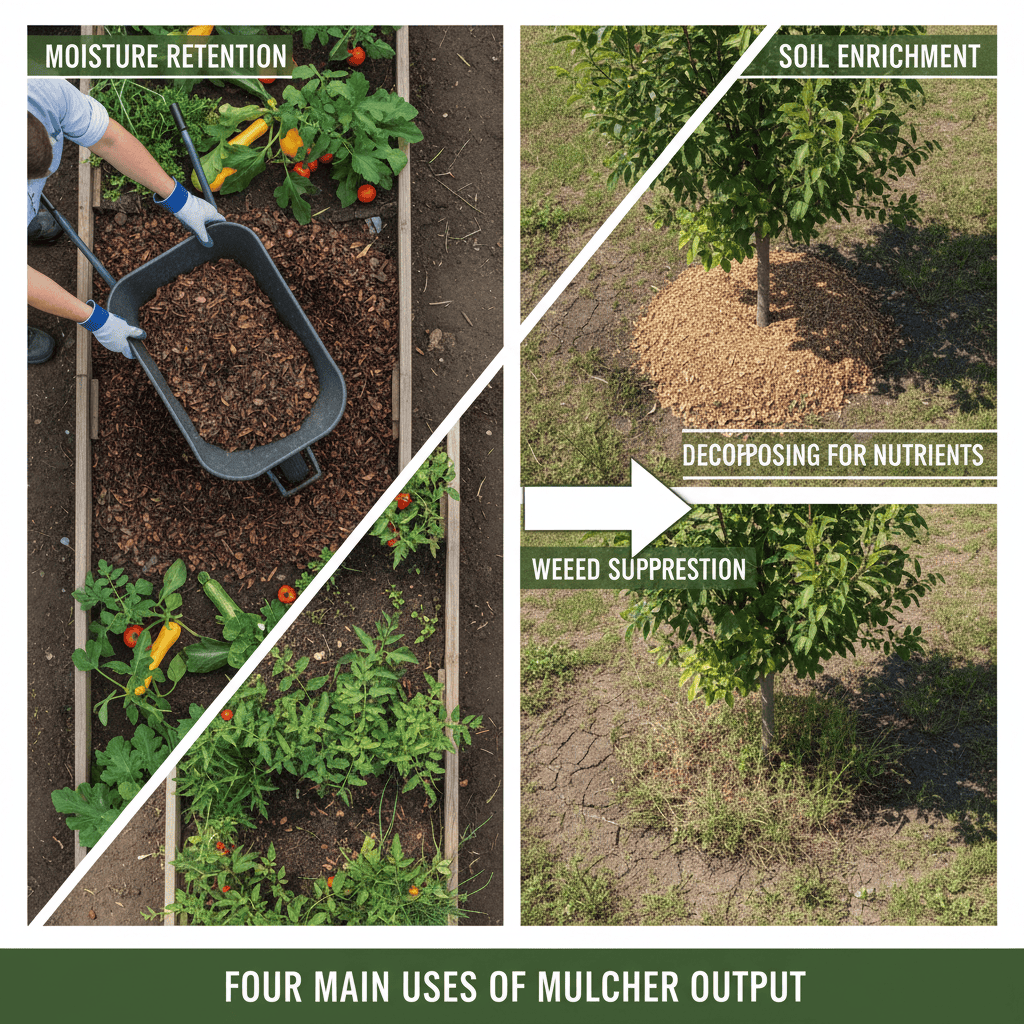 Illustration showing mulch being used in a garden bed for moisture retention and weed suppression around a tree.