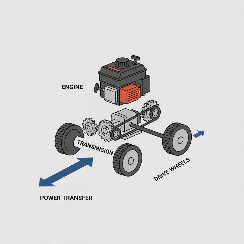 Illustration of a self-propelled lawn mower's key components: engine, transmission, and drive wheels.