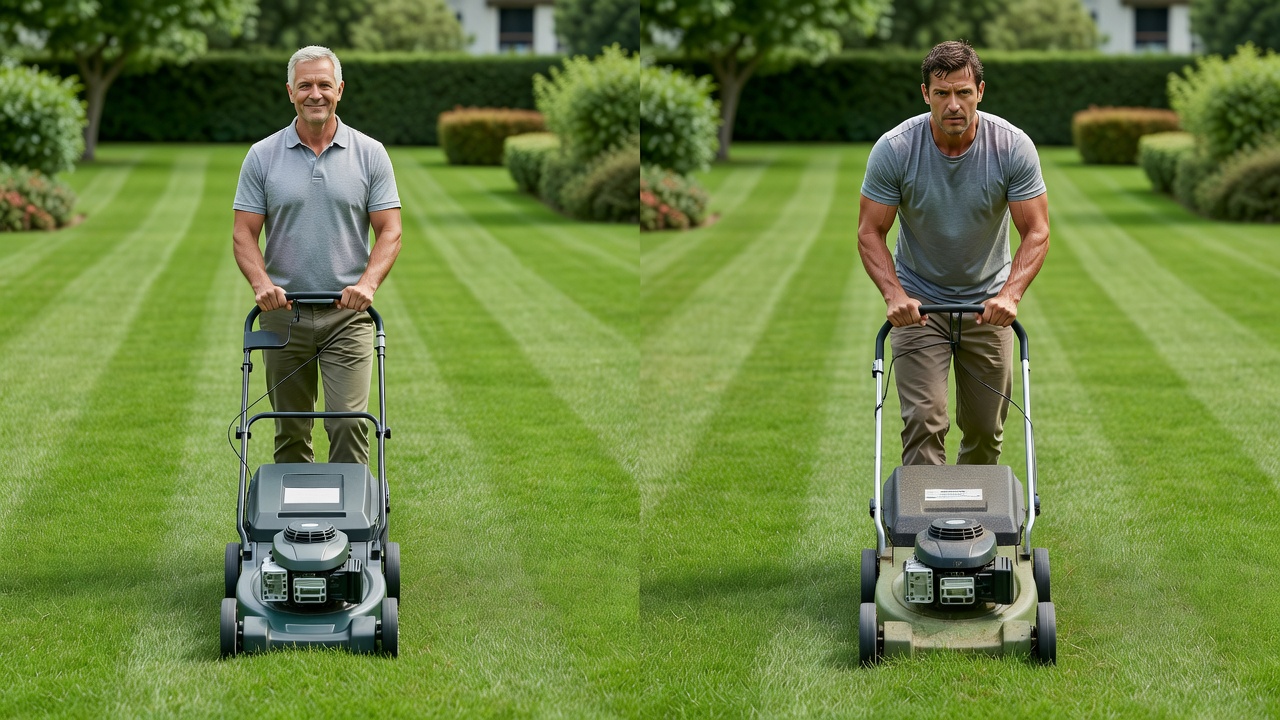 Side-by-side comparison of self-propelled mower operator versus push mower operator showing difference in physical effort