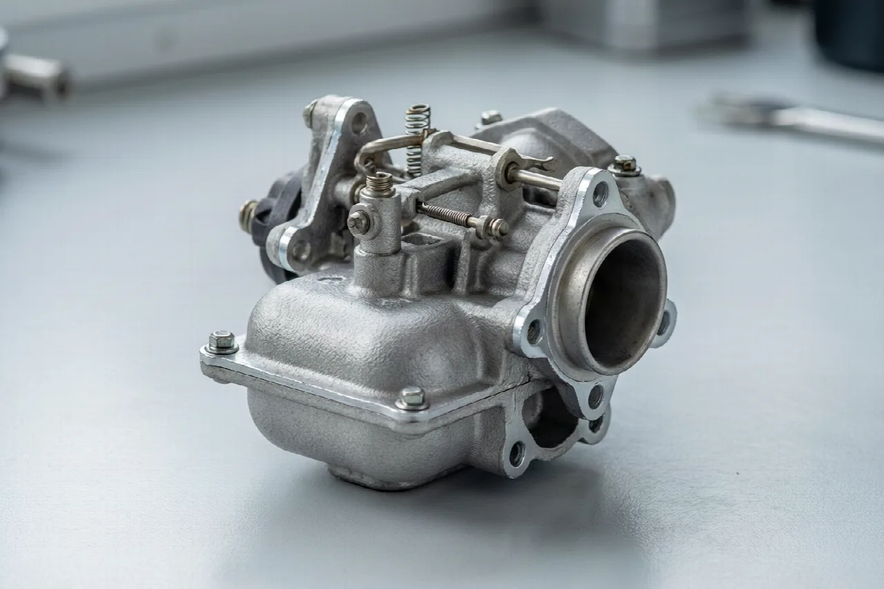 Lawn mower carburetor with float bowl and air intake opening visible.