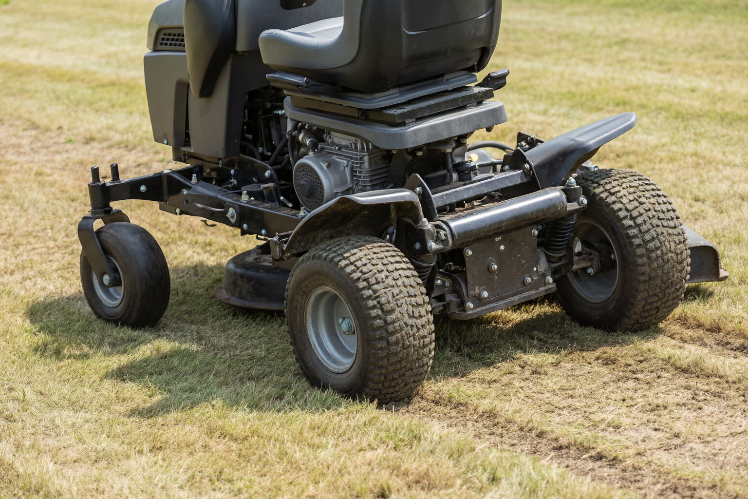 Rear drive tires and swiveling front casters of a mower during a tight in-place turn.