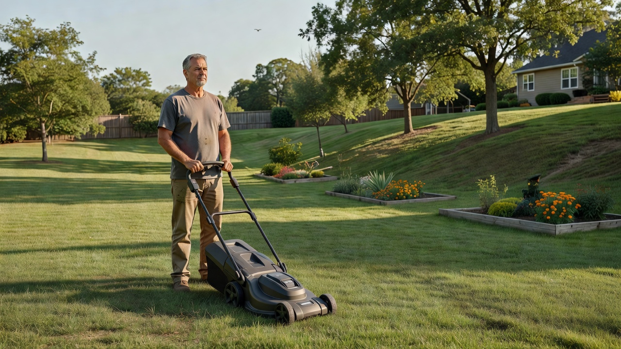 Homeowner assessing a sloped, tree-lined backyard next to an electric mower.