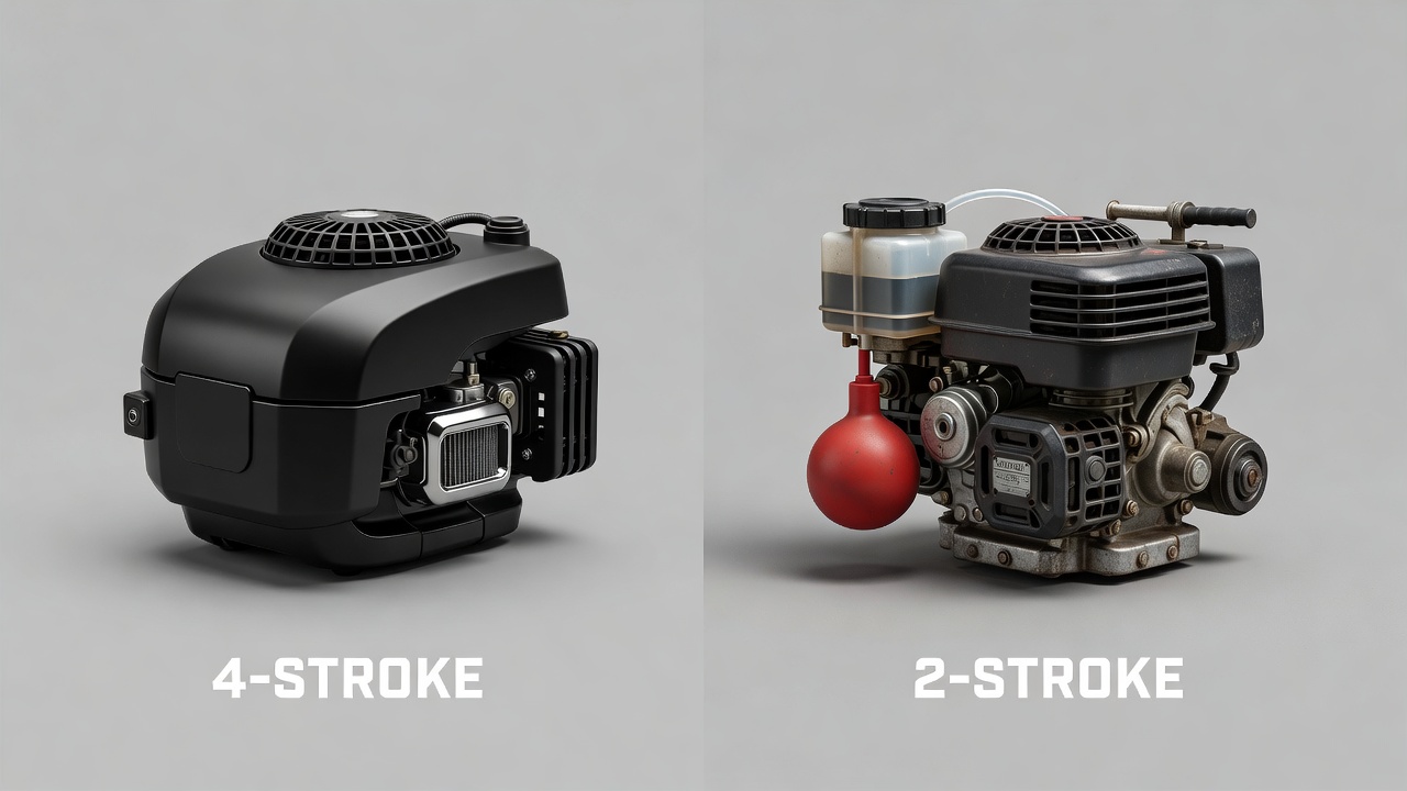 Comparison of 4-stroke and 2-stroke lawn mower engines showing structural differences