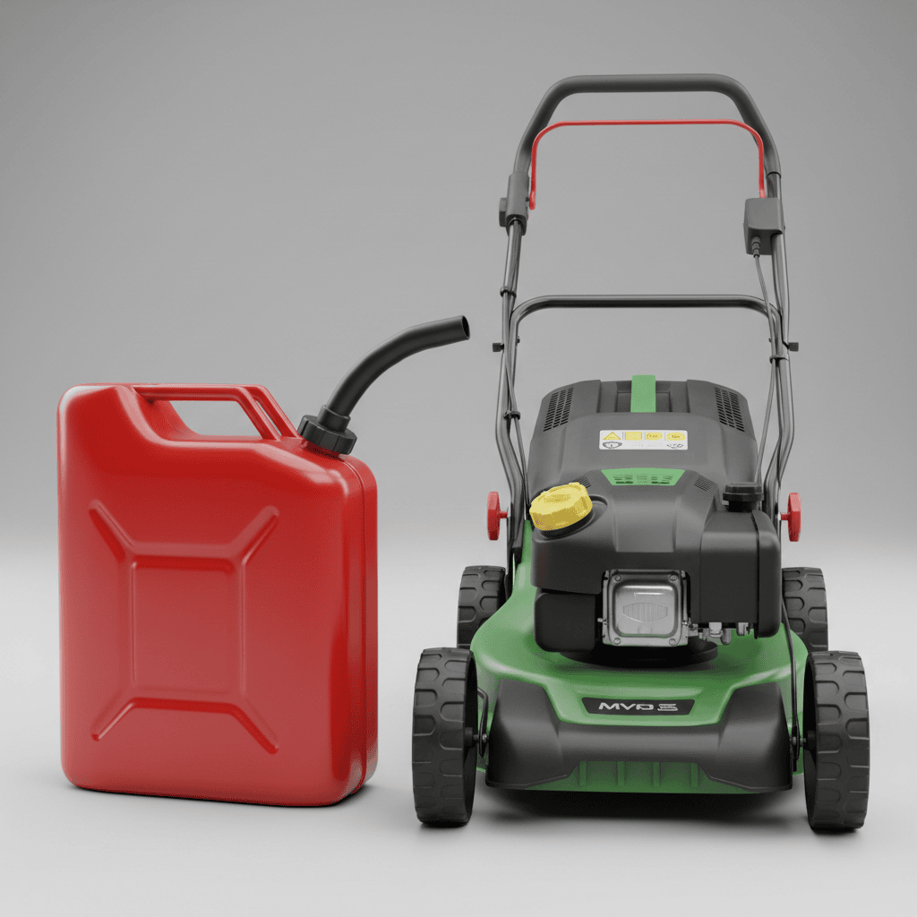 Gasoline can and lawn mower