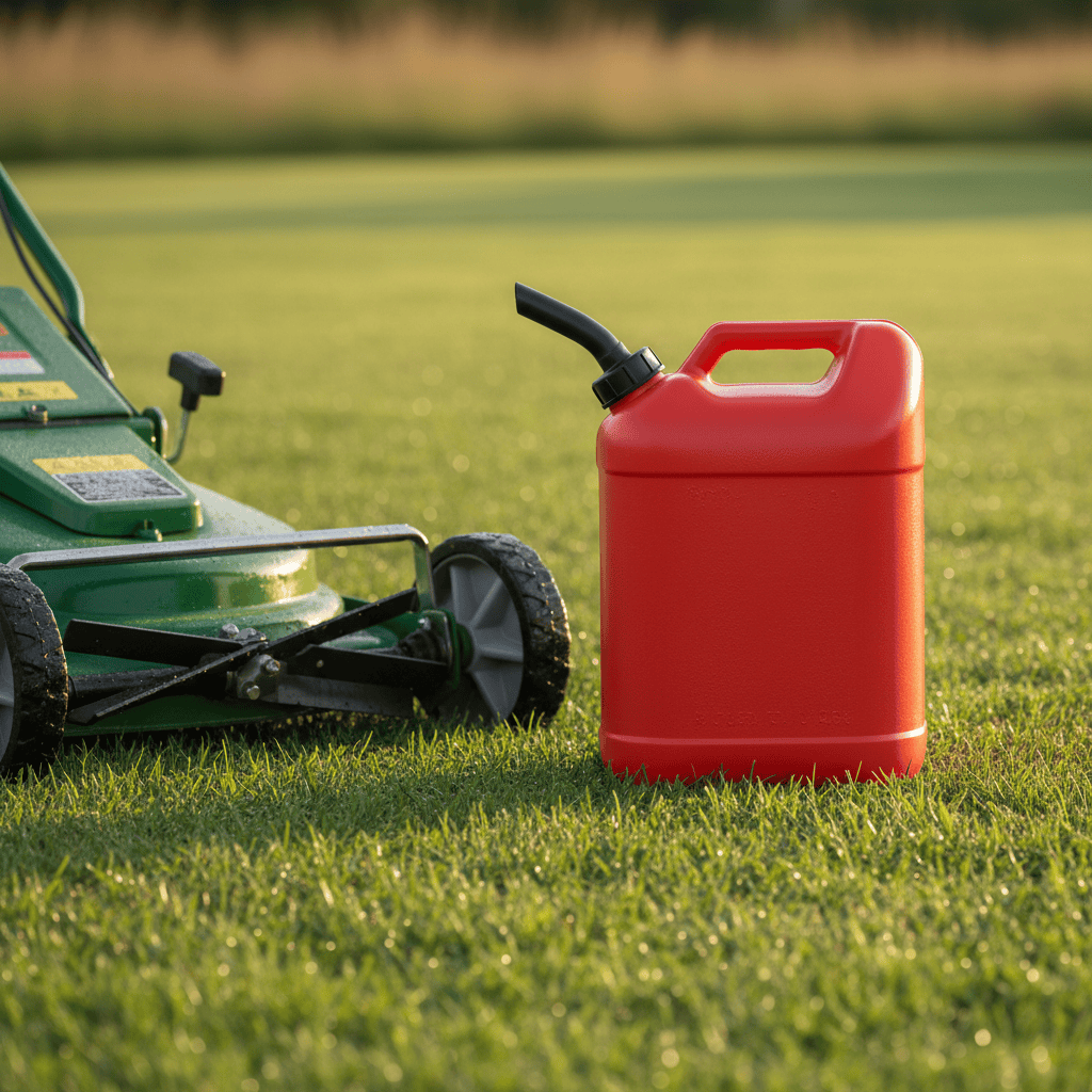 A red fuel can resting on a dewy lawn beside the front wheel of a green push lawn mower in soft morning light