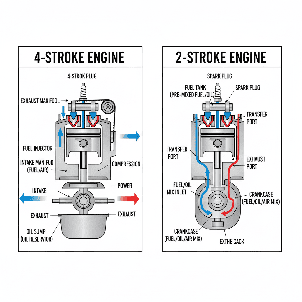 4-stroke and 2-stroke engine cross-section comparison