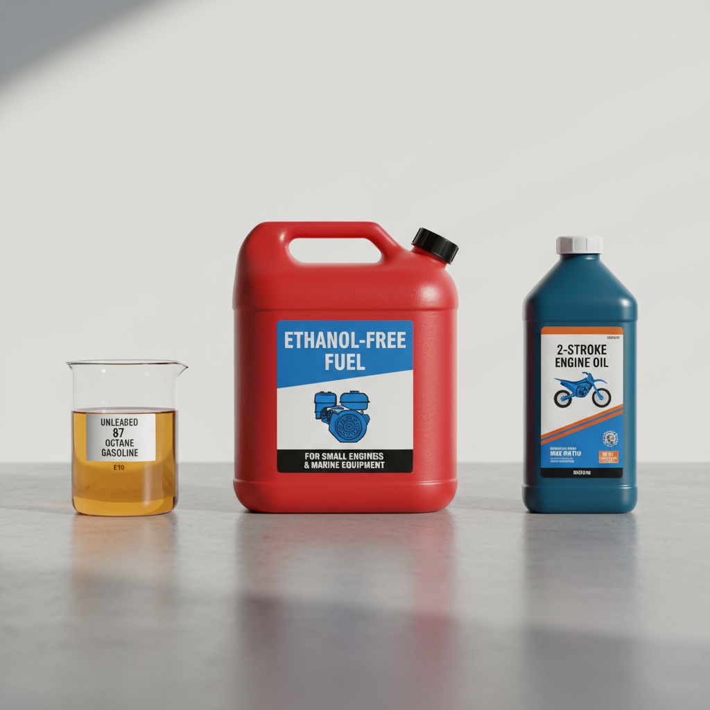 Three types of lawn mower fuel displayed in containers