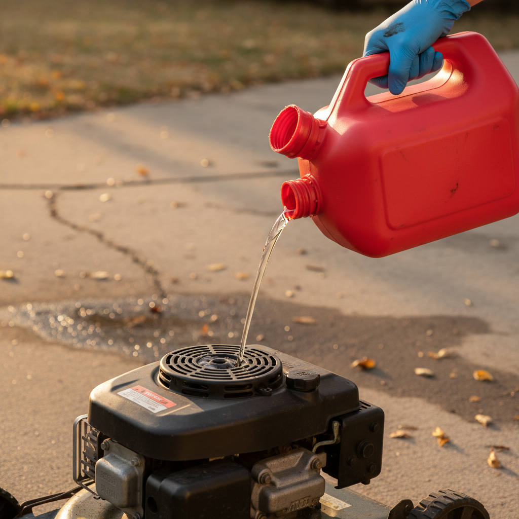 What Gas Does a Lawn Mower Use? (Fuel Type, Octane & Ethanol Guide) Gloved hand pouring gasoline into a lawn mower fuel tank on a concrete driveway