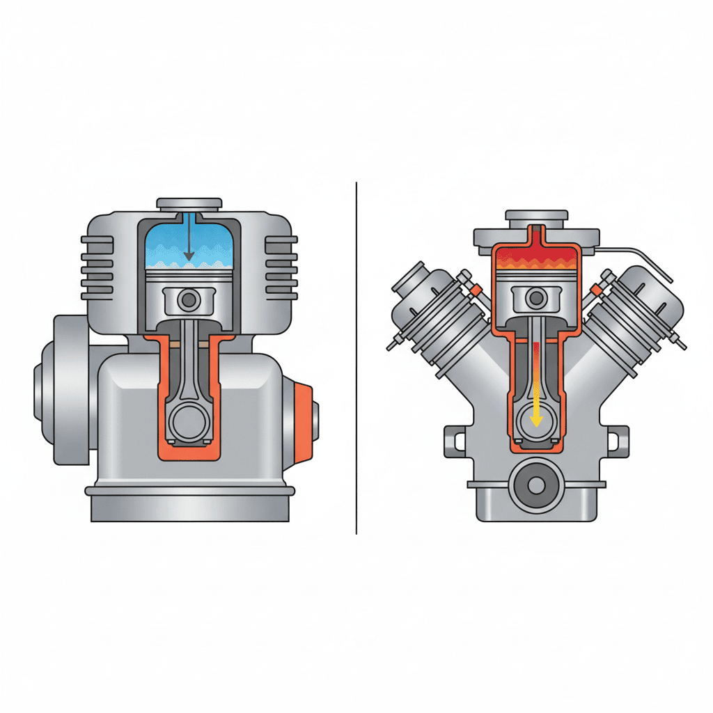 Comparison of lawn mower engine and car engine showing different compression ratios