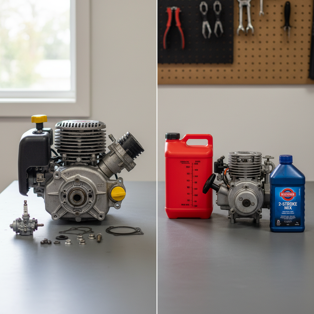 Side-by-side comparison of a 4-stroke lawn mower engine and a 2-stroke engine with mixing oil on a workbench