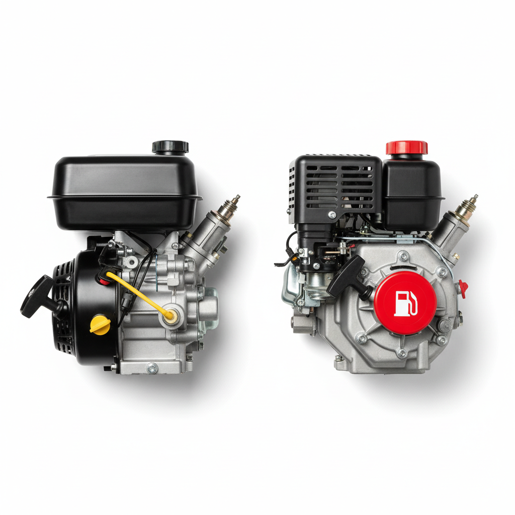 Two small lawn mower engines side by side showing separate dipstick on a 4-stroke versus single fill point on a 2-stroke