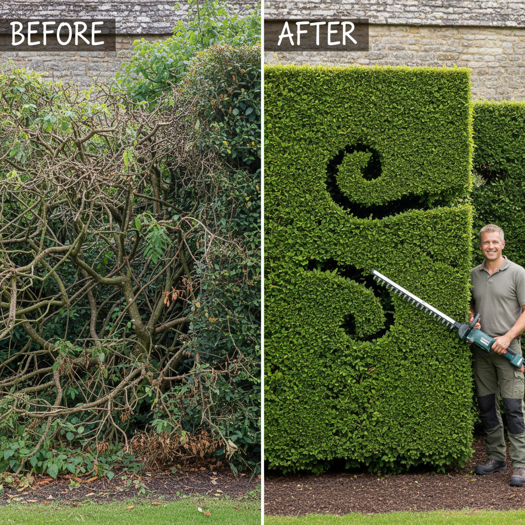 Before-and-after comparison of an overgrown hedge transformed into a neatly shaped formal hedge