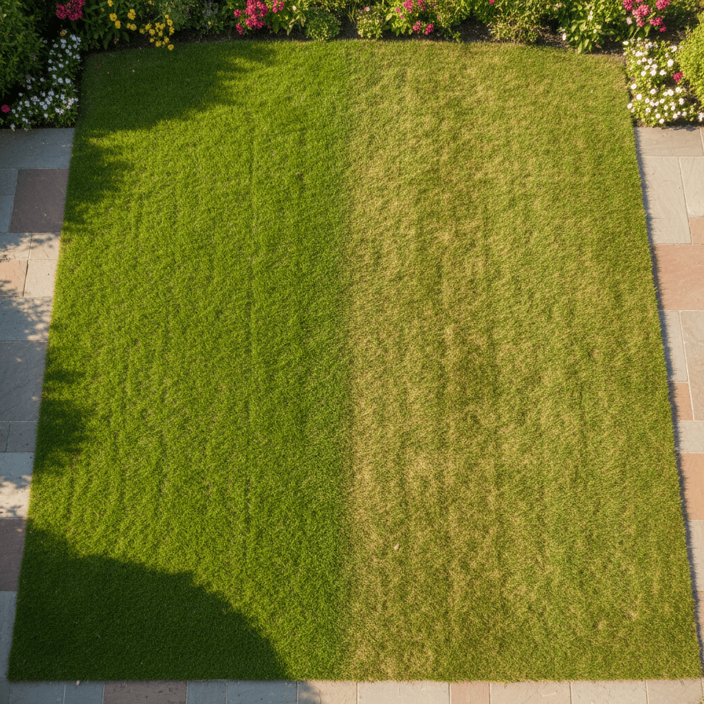Comparison view of a lawn with properly mowed grass beside an overgrown section