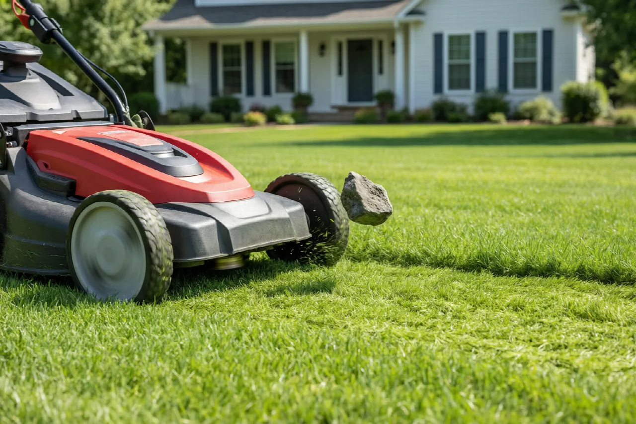 Lawn mower in operation on a residential lawn near a house