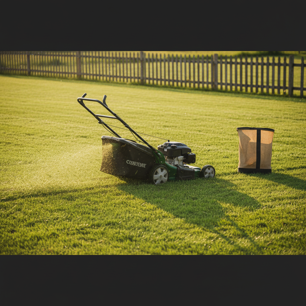 3-in-1 Mower Blade: Zero-Turn Turning Guide A lawn mower sending clippings out a side chute on a residential lawn