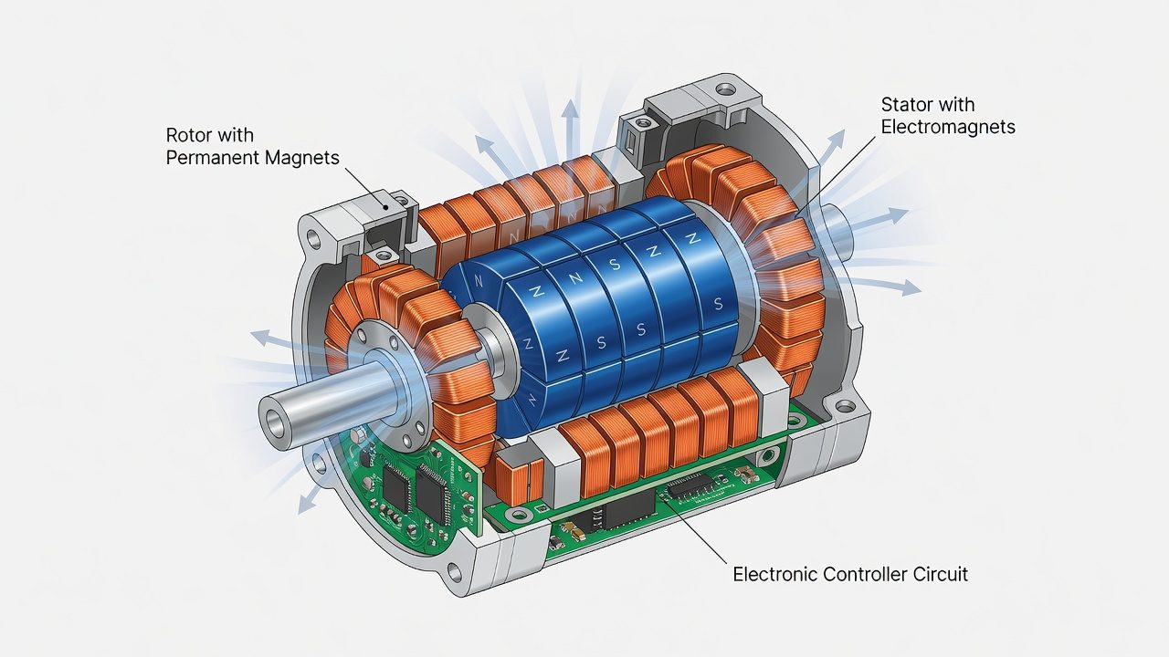 Understanding the Brushless Motor Technology Cross-section diagram of brushless motor components and magnetic field interaction