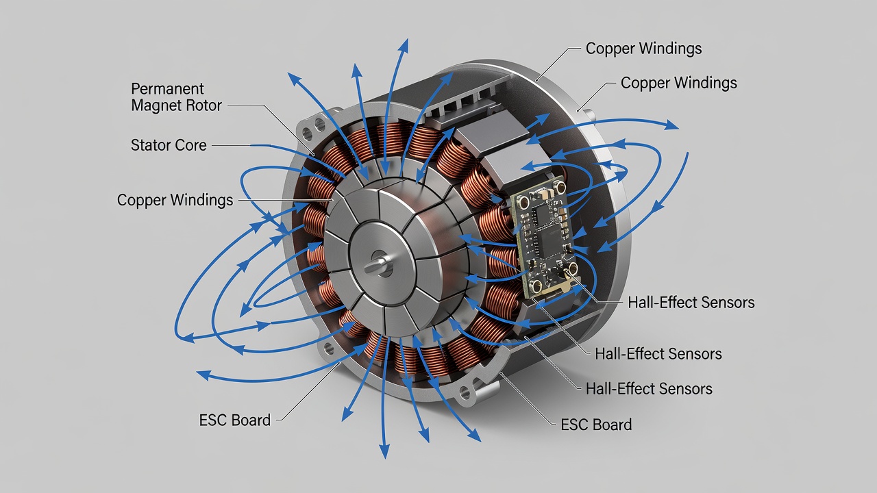 Cutaway view of a brushless motor showing rotor, stator windings, and electronic controller.
