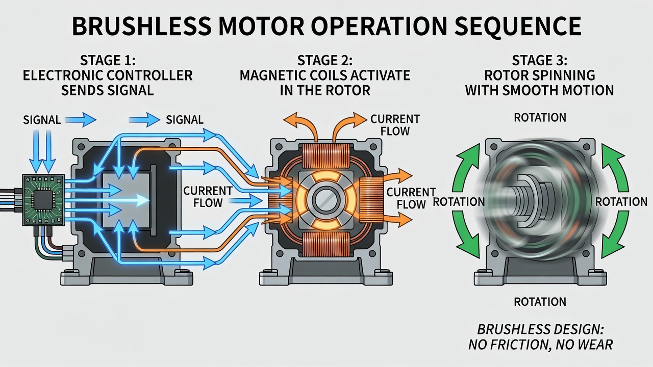 Three-stage diagram showing brushless motor electronic commutation process
