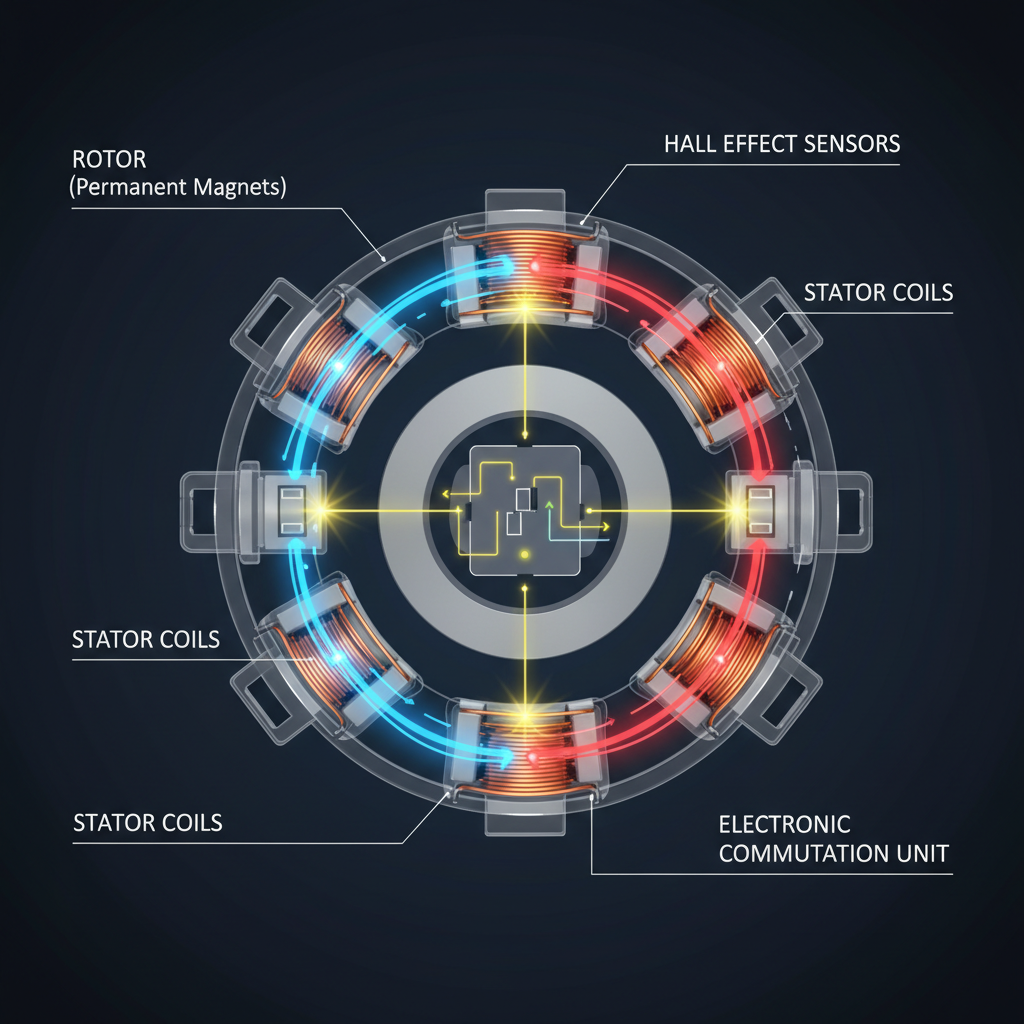 Electronic commutation diagram showing rotor position sensors directing current flow through stator coils