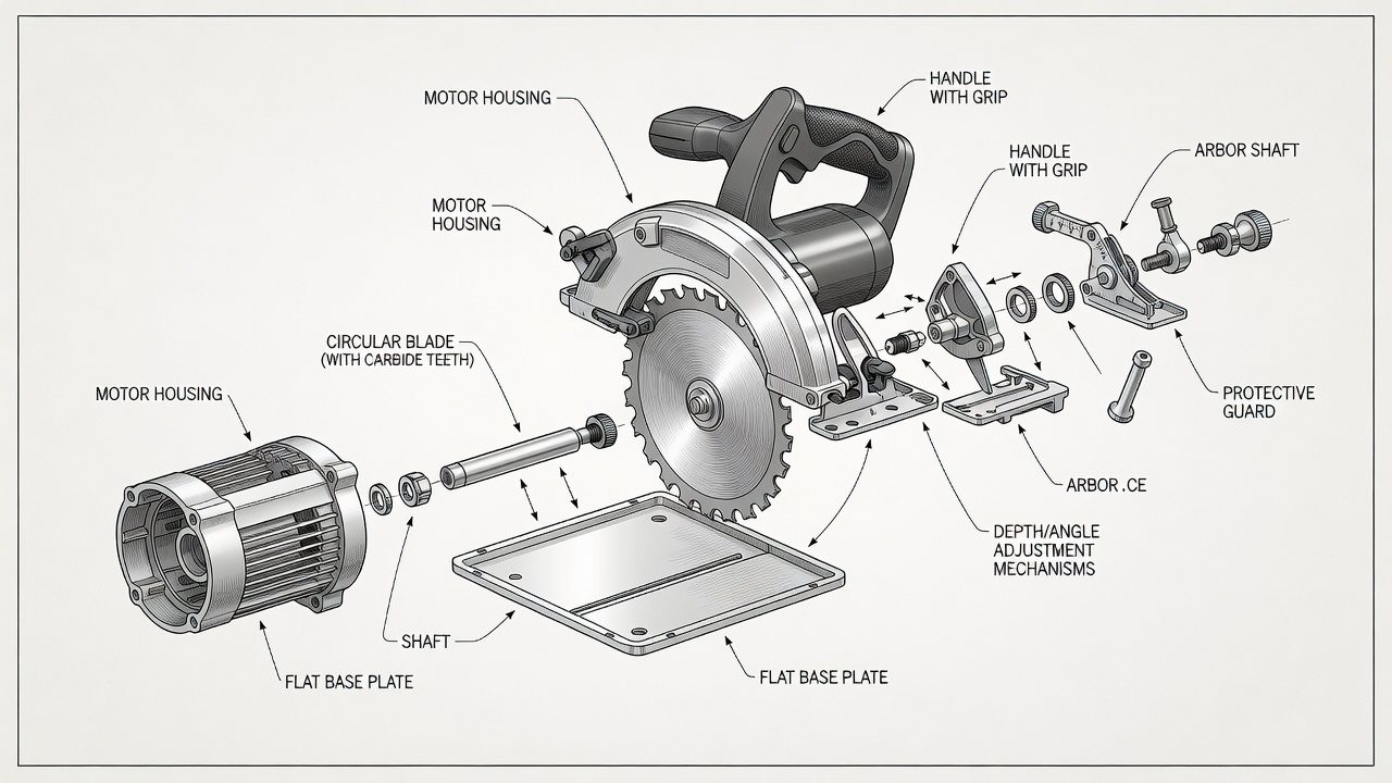 Exploded view diagram of circular saw components