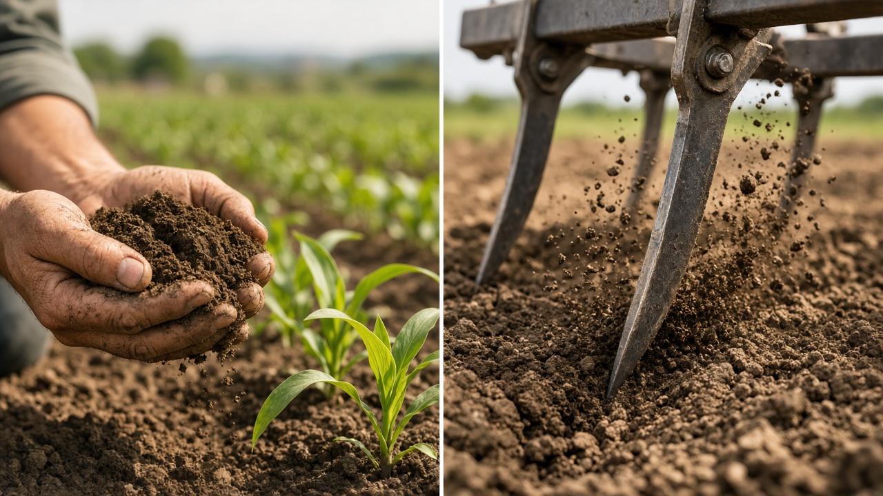 Split image comparing hands tending soil and cultivator tines working the soil surface