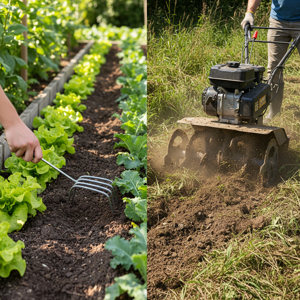 Side-by-side comparison of a cultivator working in established rows and a tiller breaking new ground.