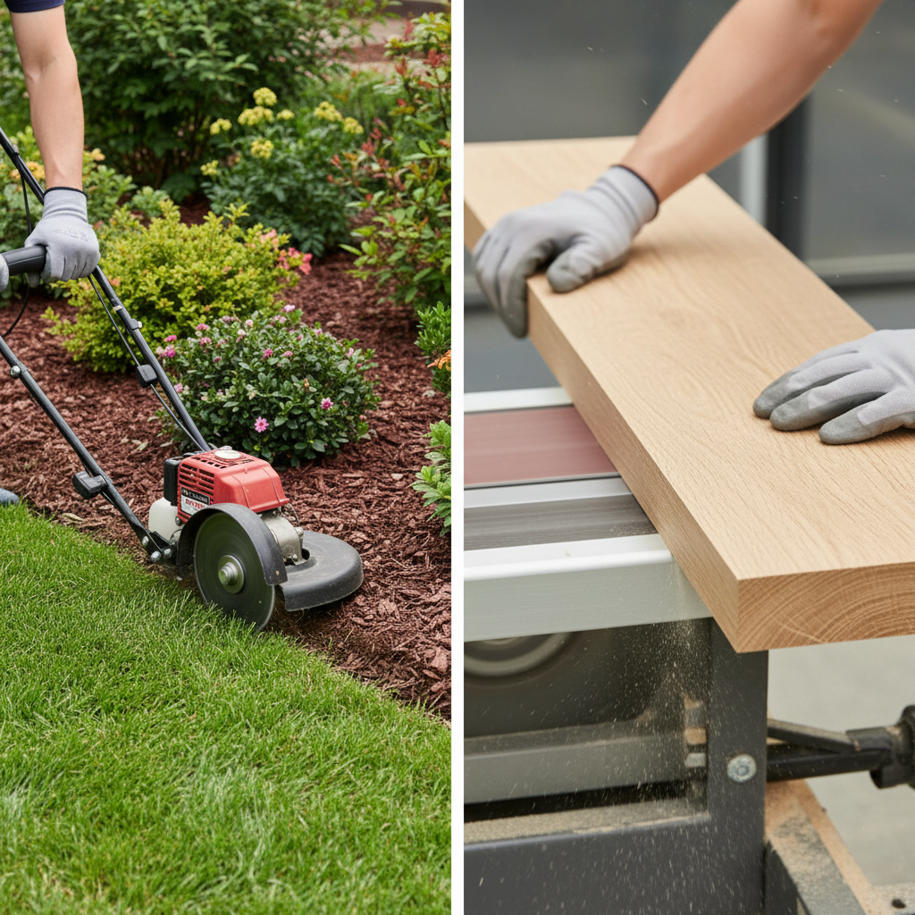 Edger tool creating clean borders in landscaping and woodworking applications