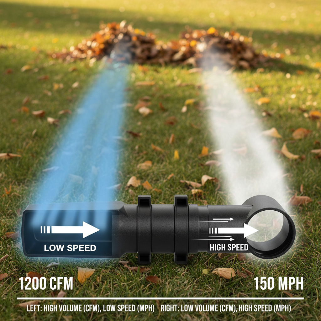 Diagram comparing air volume versus air speed in leaf blower performance