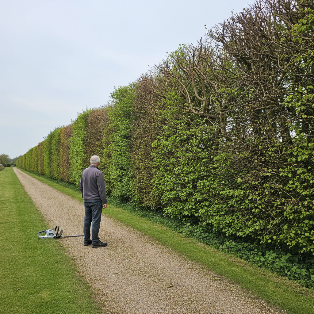 Person studying a mixed garden hedge before choosing a tool