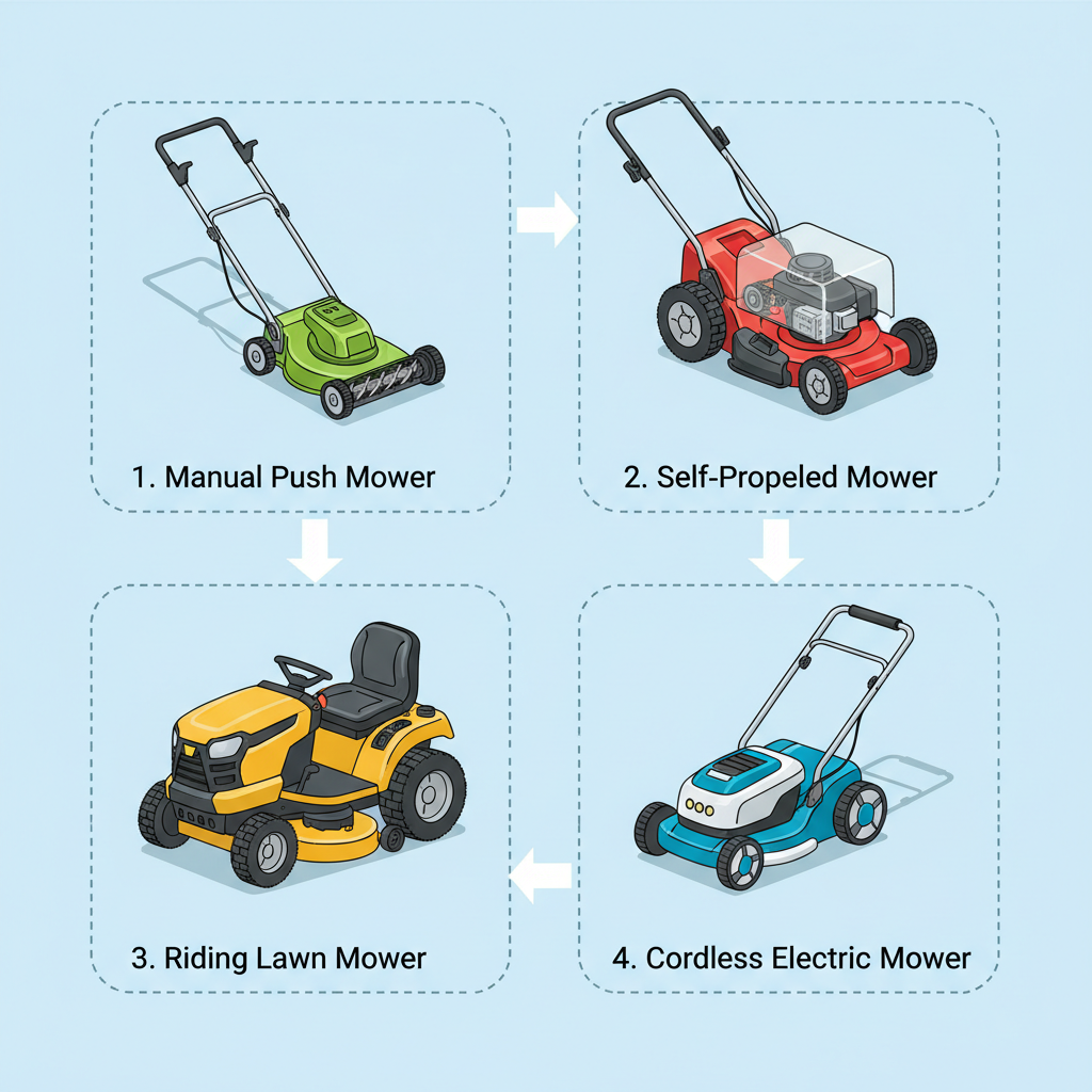 Understanding Lawn Mower Types Visual comparison of four lawn mower types showing their distinct designs and relative sizes