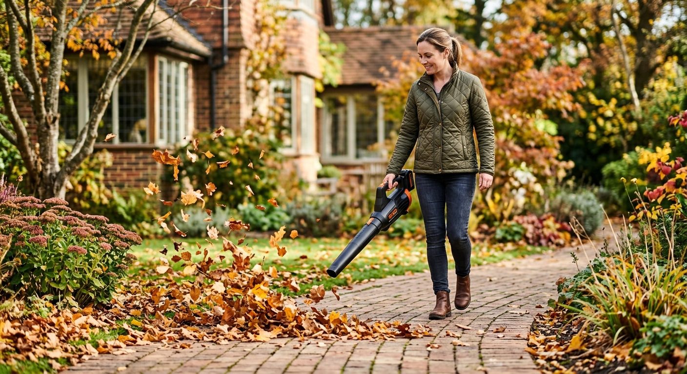 What Is a Good Leaf Blower? Types, Specs, and Selection Guide Homeowner clearing autumn leaves from a brick path with a handheld leaf blower
