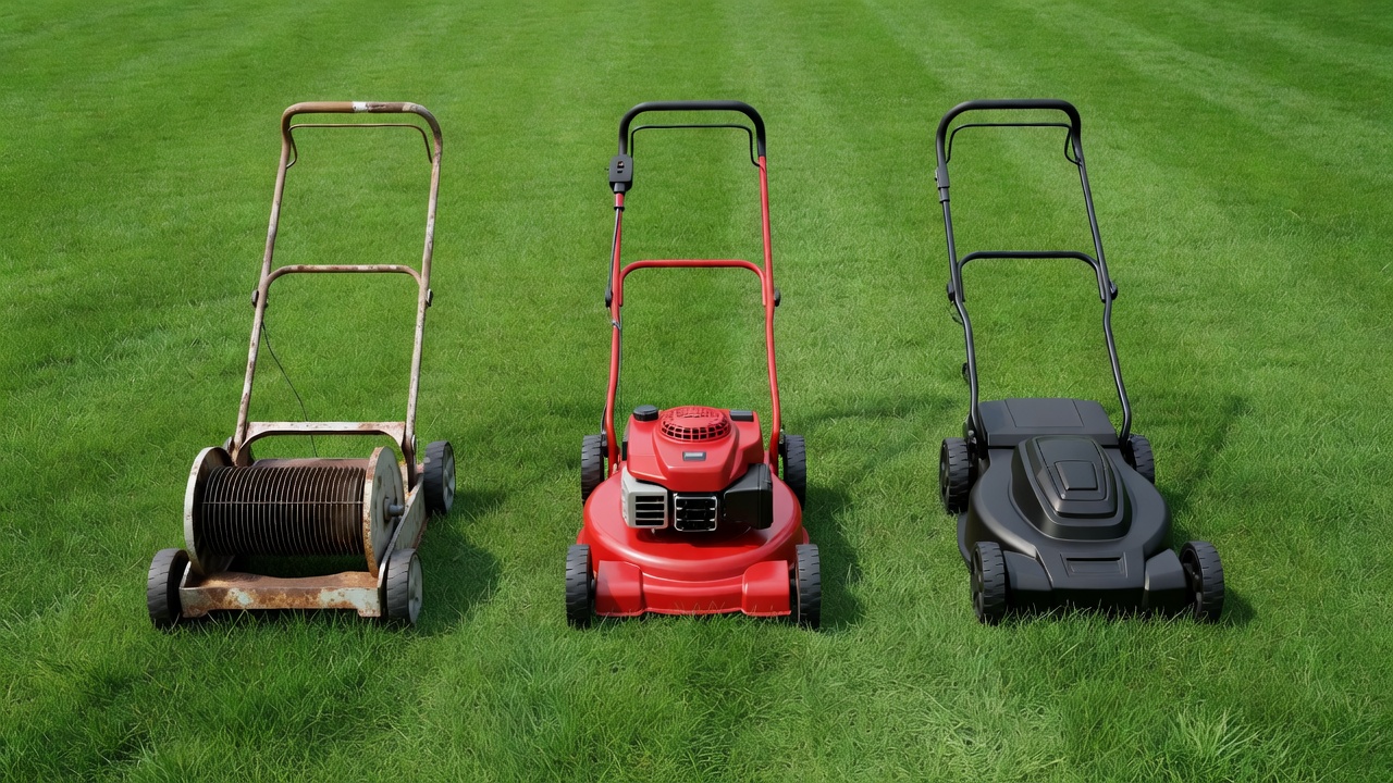 Manual reel mower, gas-powered rotary mower, and battery-powered electric mower shown side by side on grass