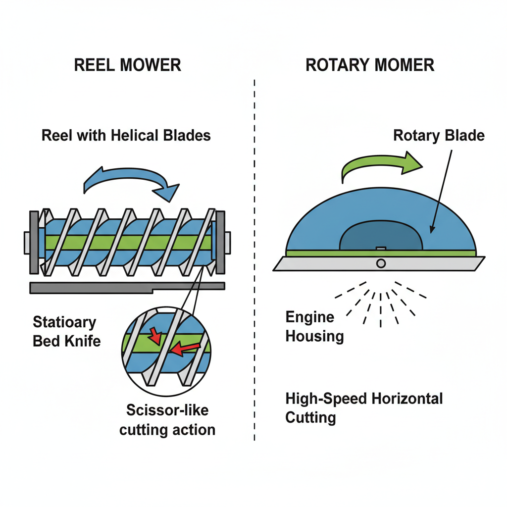 Technical cross-section comparison of reel mower cylindrical blade mechanism versus rotary mower single blade mechanism