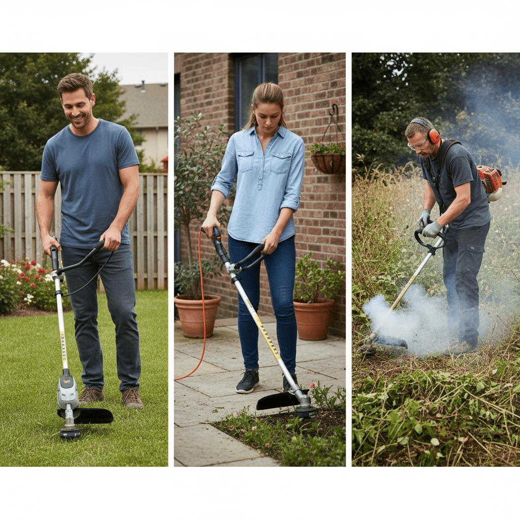 Three weed eater power types displayed side-by-side in use scenarios