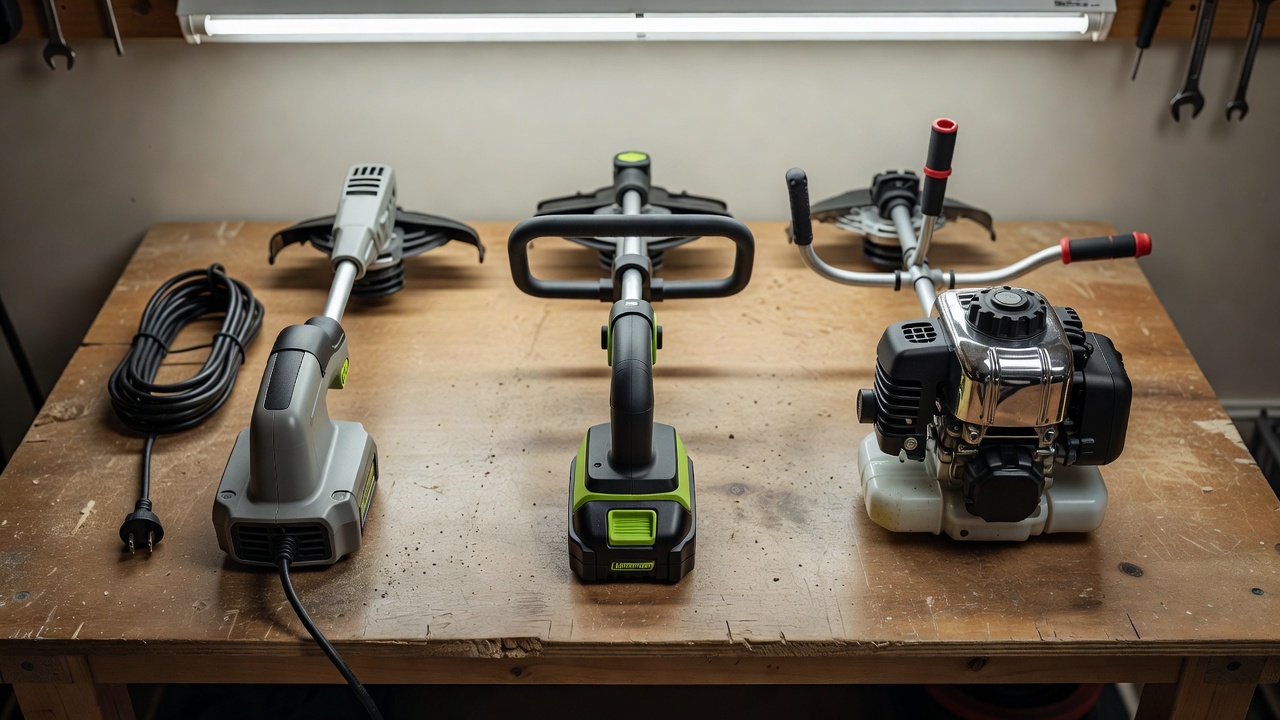 What Is a Good Weed Wacker? (How to Choose the Right String Trimmer for Your Yard) Corded electric, cordless battery, and gas-powered string trimmers displayed side by side for comparison