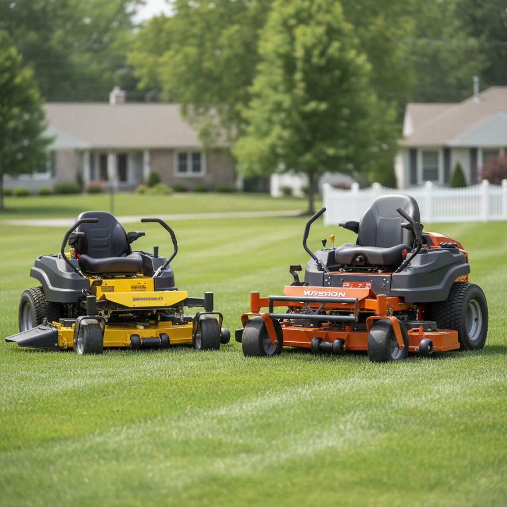 A compact residential zero turn mower parked beside a larger commercial-grade model on a lawn