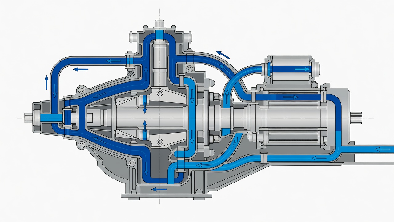 Cutaway illustration of hydrostatic transmission components in a lawn mower