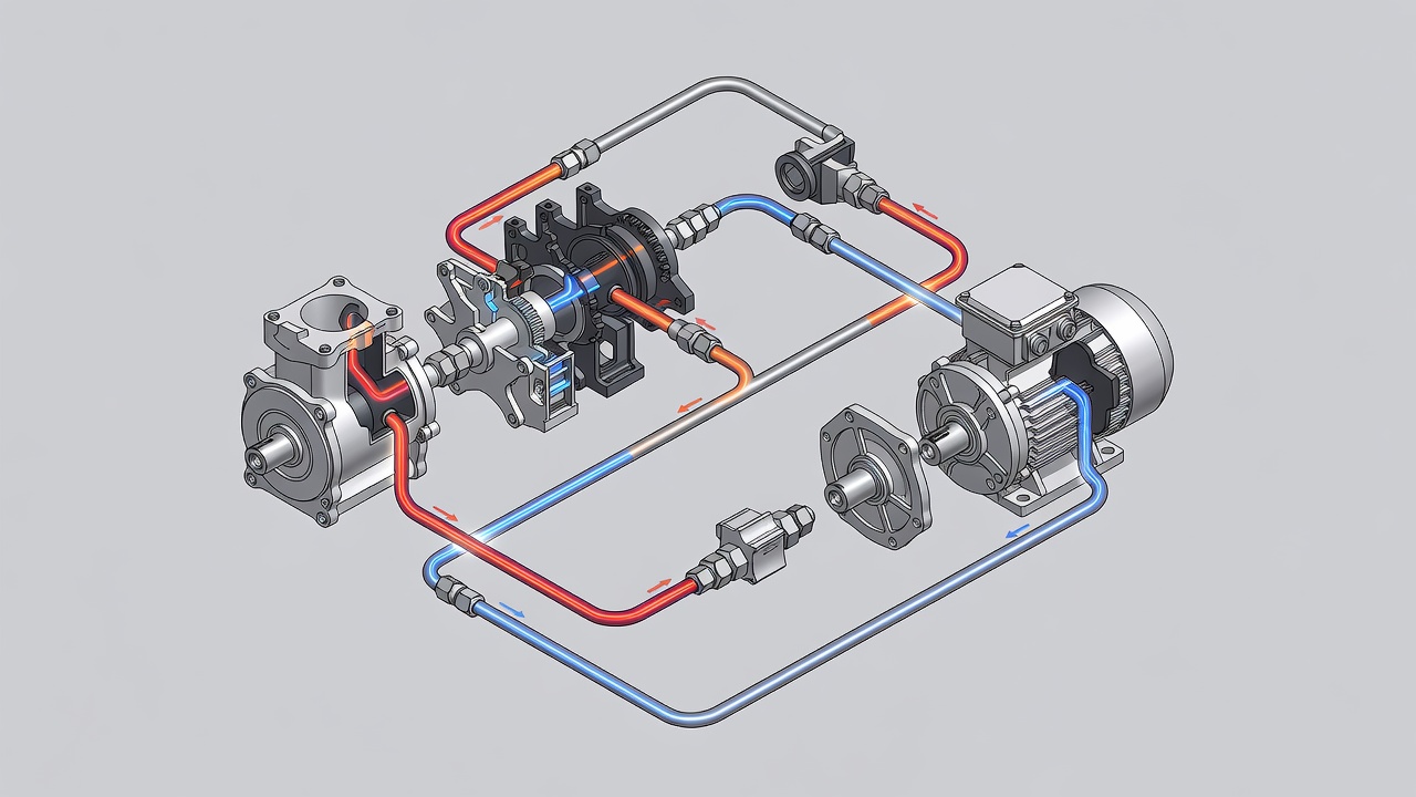 A 3D technical illustration showing the internal components and fluid flow of a hydrostatic transmission system.