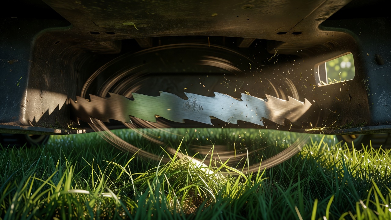 Under-deck view of a rotary lawn mower blade spinning above green grass