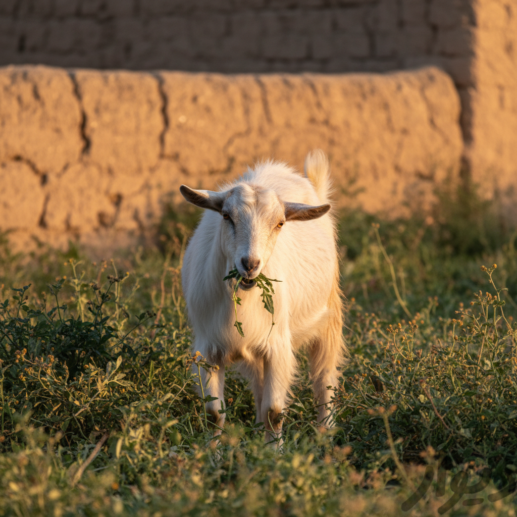 Goat grazing on weeds and brush in a rural yard as a traditional land-clearing method