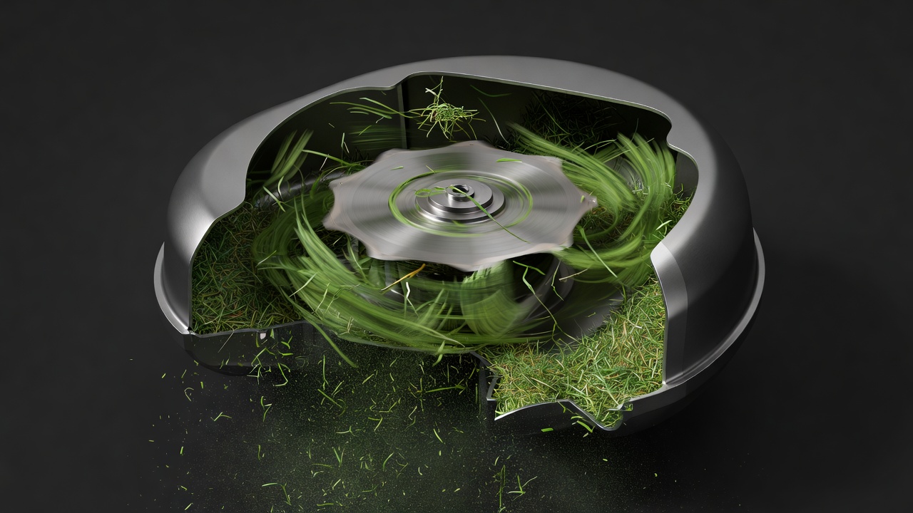 Cross-section cutaway of a mulching mower deck showing a curved blade recirculating and shredding grass clippings inside an enclosed chamber