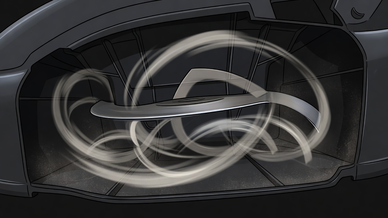 Cross-section illustration of a mulching mower deck showing the curved blade circulating grass clippings inside the sealed chamber