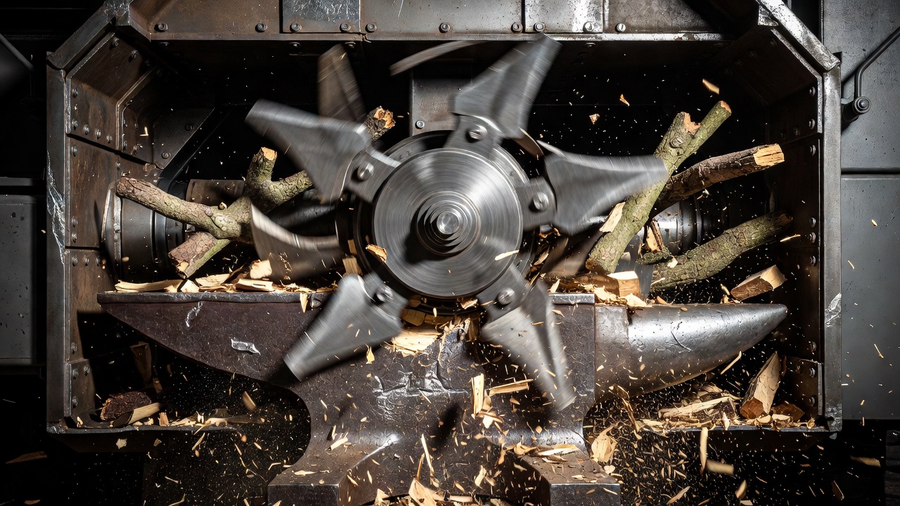 What Is a Mulcher? Definition, Types, and How It Works Close-up of a mulcher rotor with flail blades shredding woody material inside an enclosed housing