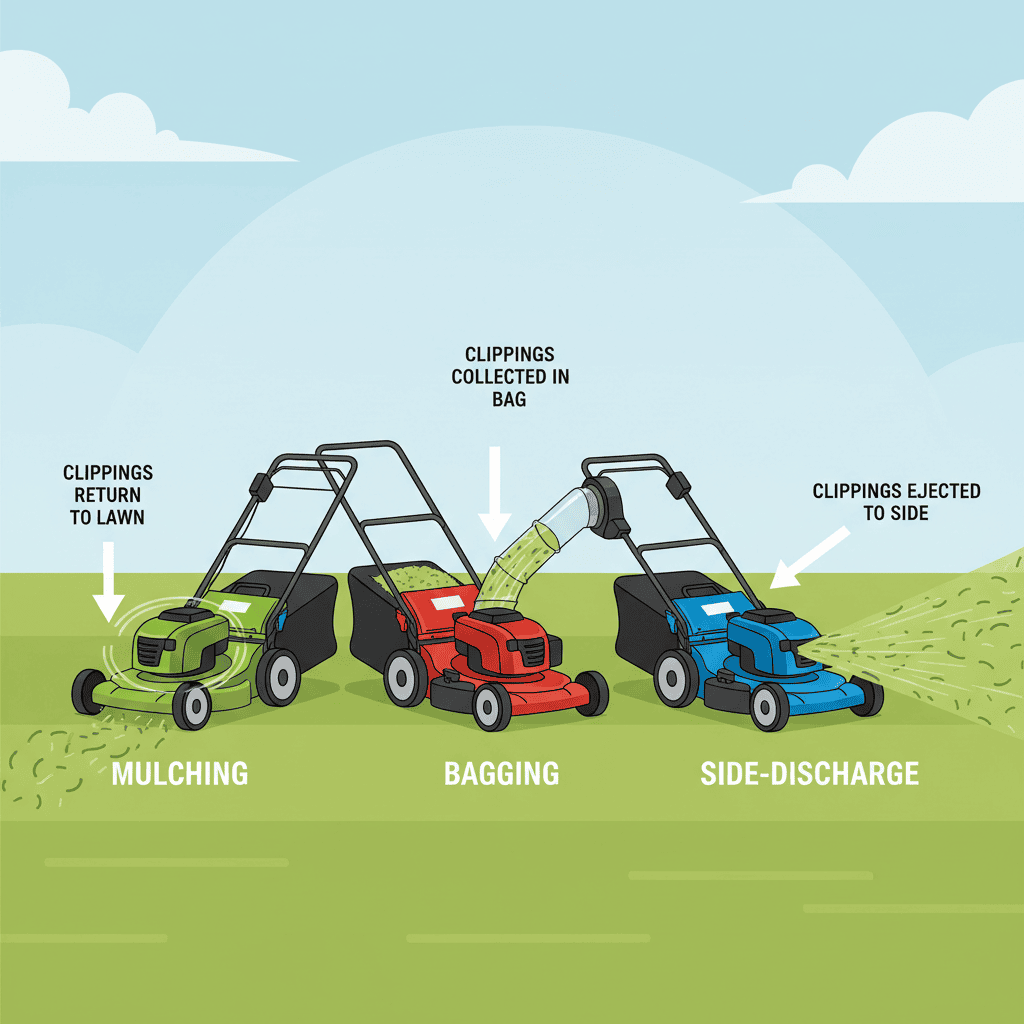 Comparison of three mowing methods showing mulching, bagging, and side-discharge clipping destinations