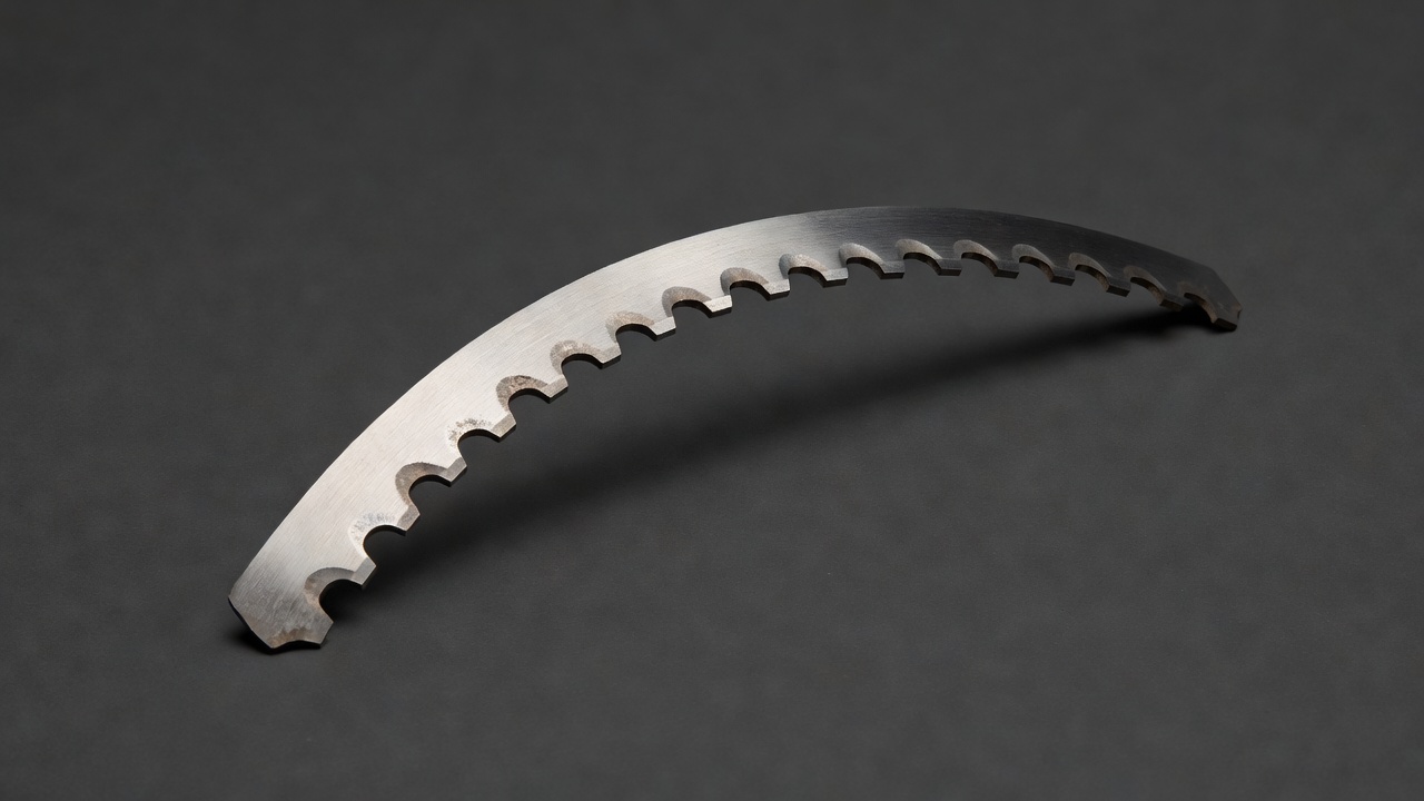 Close-up of a curved serrated mulching blade showing its pronounced cutting edges and steel geometry