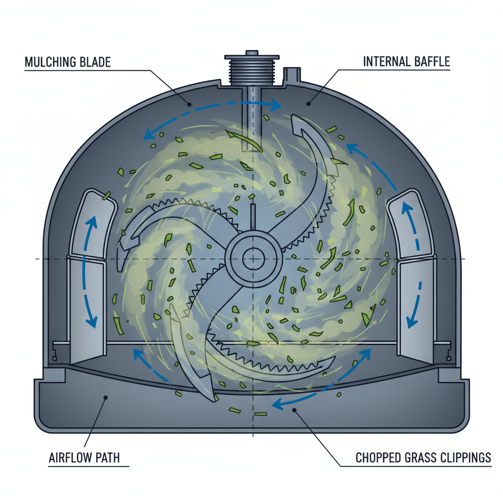 What Is a Mulching Lawn Mower? How It Works & Key Benefits Cross-section diagram of mulching mower deck showing blade circulation and internal baffles
