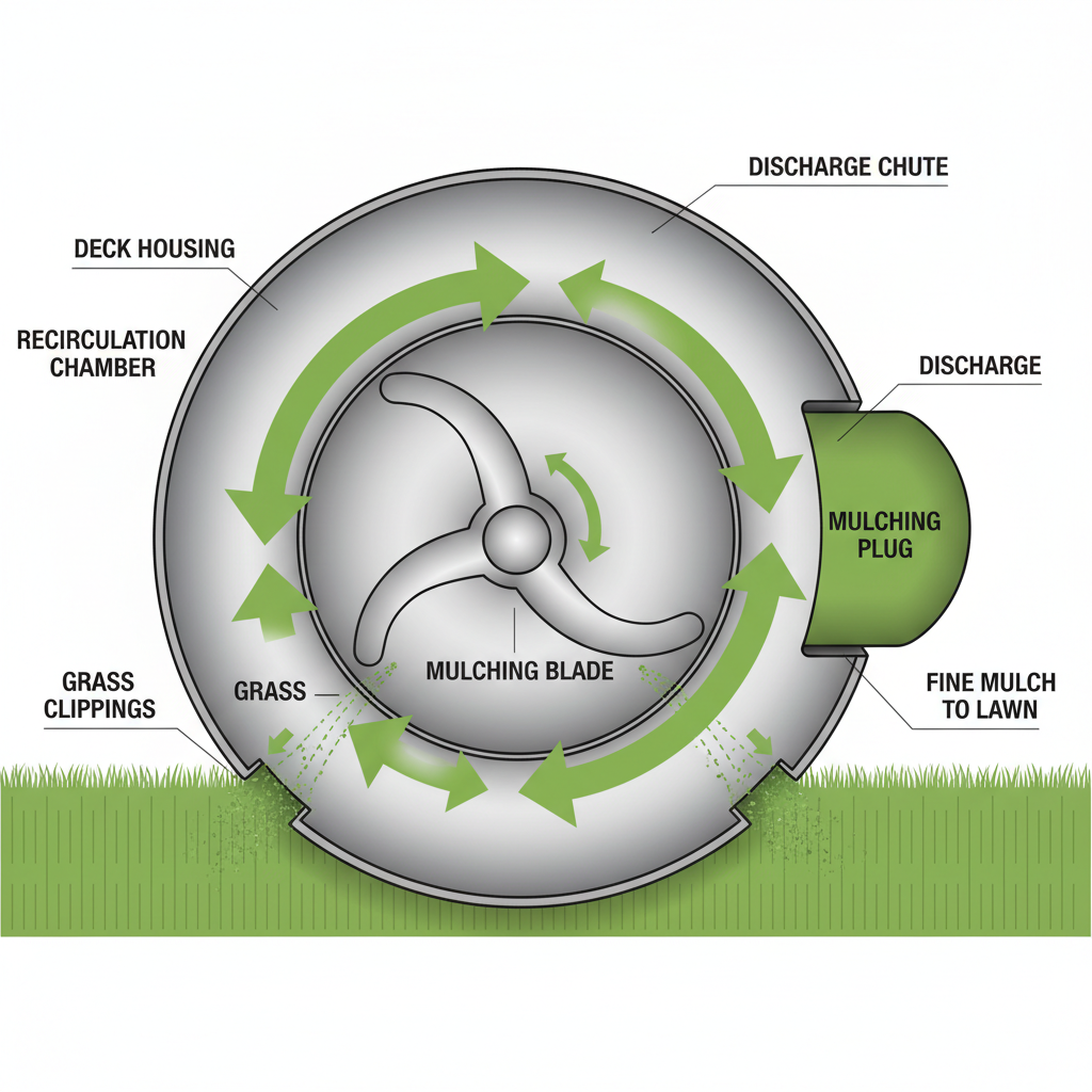 What Is a Mulching Plug? (How It Works and Why It Matters) Lawn mower deck cross-section showing mulching plug and clipping circulation