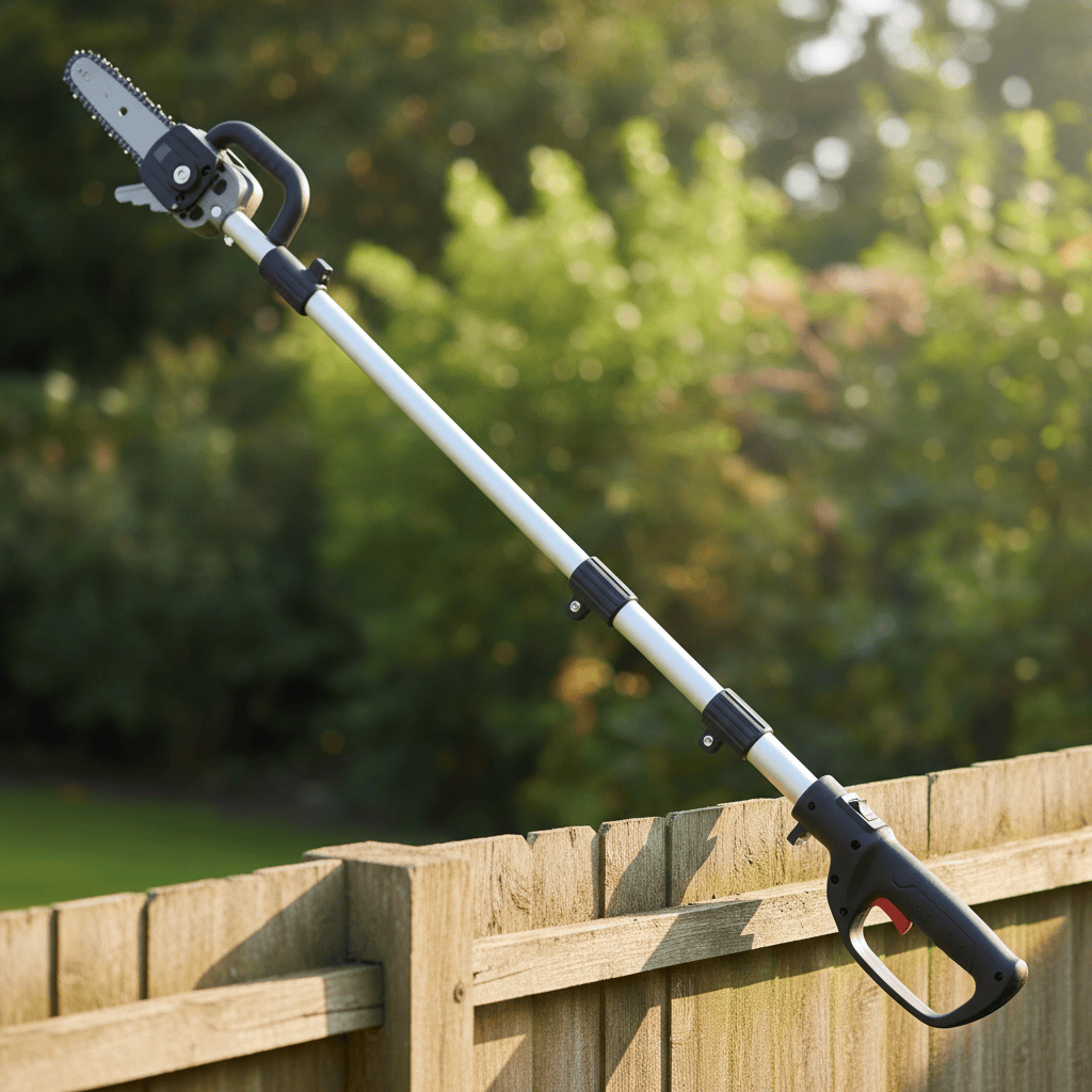 Close-up of a pole saw with extended pole and chainsaw cutting head in a garden