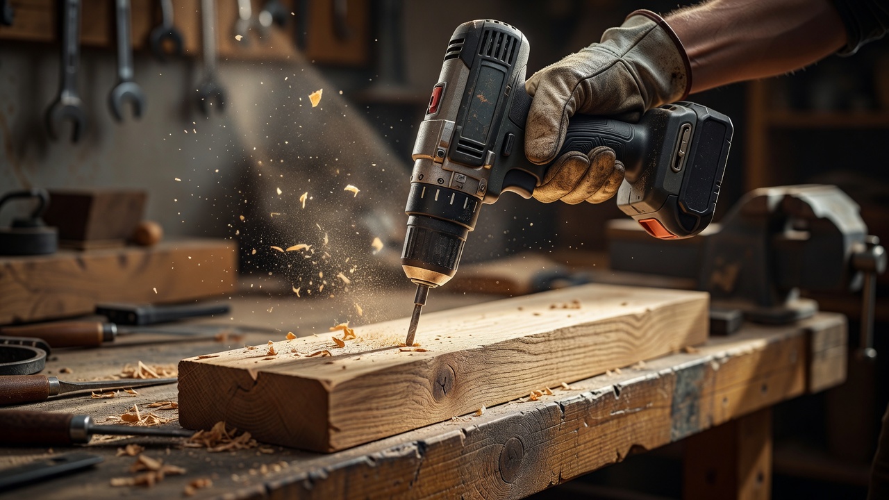 Gloved hand holding a cordless drill boring into a clamped oak timber plank in a workshop